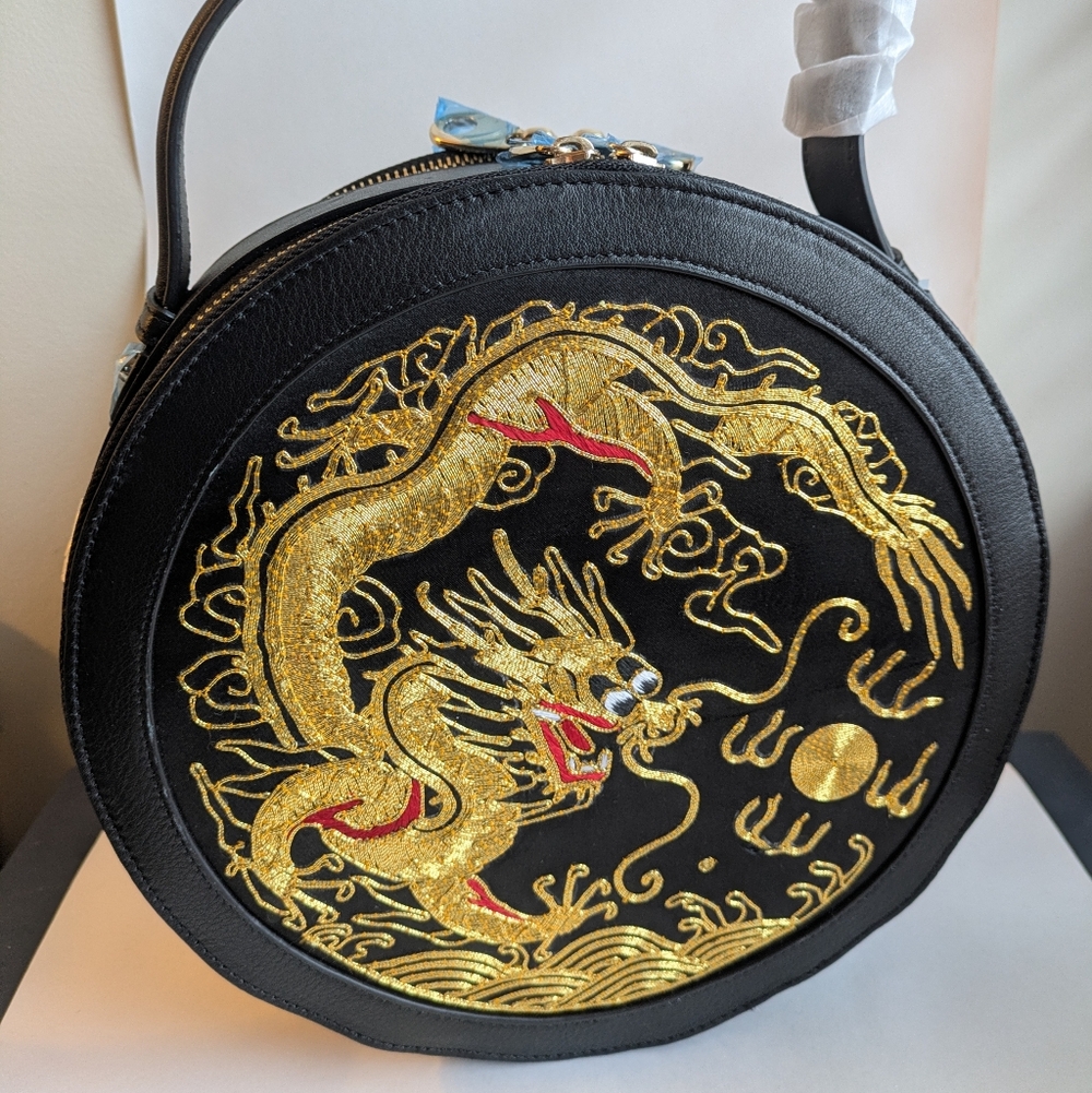 Black and Gold Embroidered Dragon Round Leather Purse
